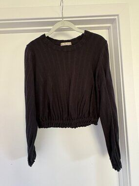 Free People We The Free Black Ribbed Knit Cinched Smocked Hem Long Sleeve Top, S